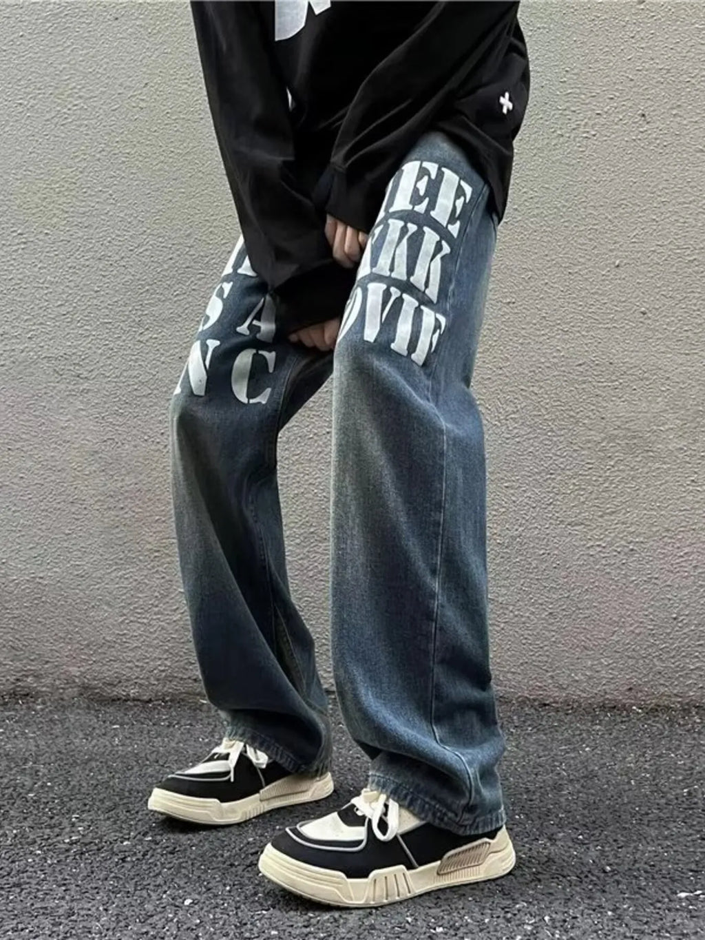 Men's Full Size Letter Graphic Wide Leg Jeans Plus Size