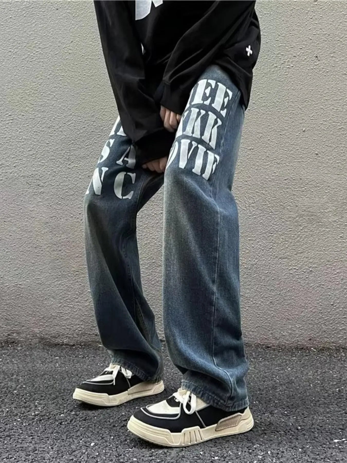 Men's Full Size Letter Graphic Wide Leg Jeans Plus Size