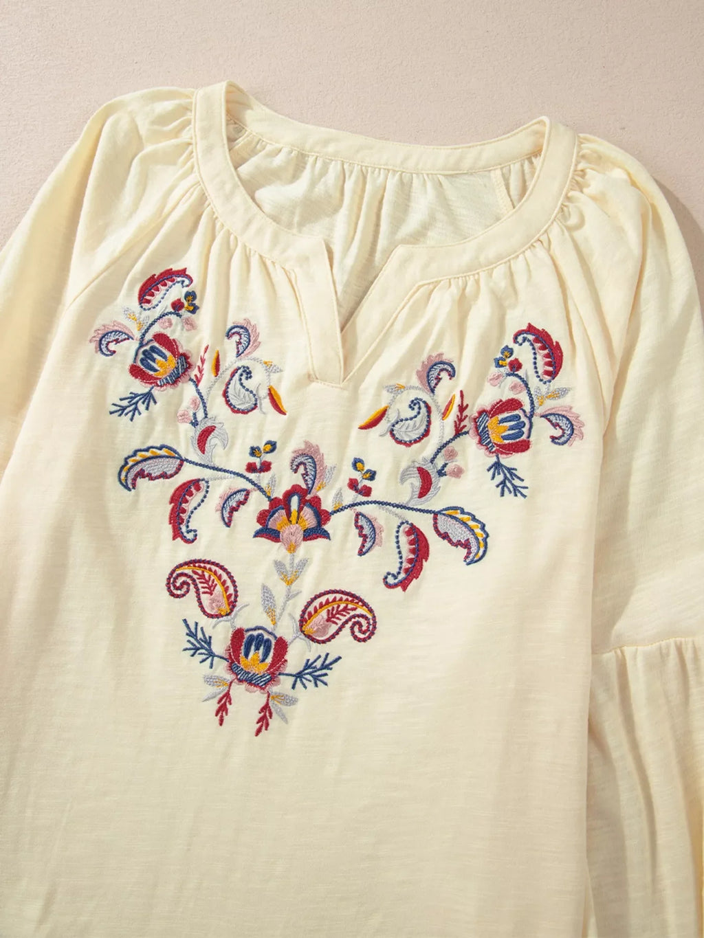Embroidered Notched Balloon Sleeve Blouse