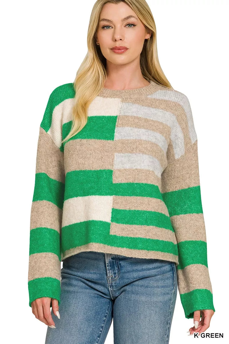Zenana Lightweight Wool Blend Color Block Sweater