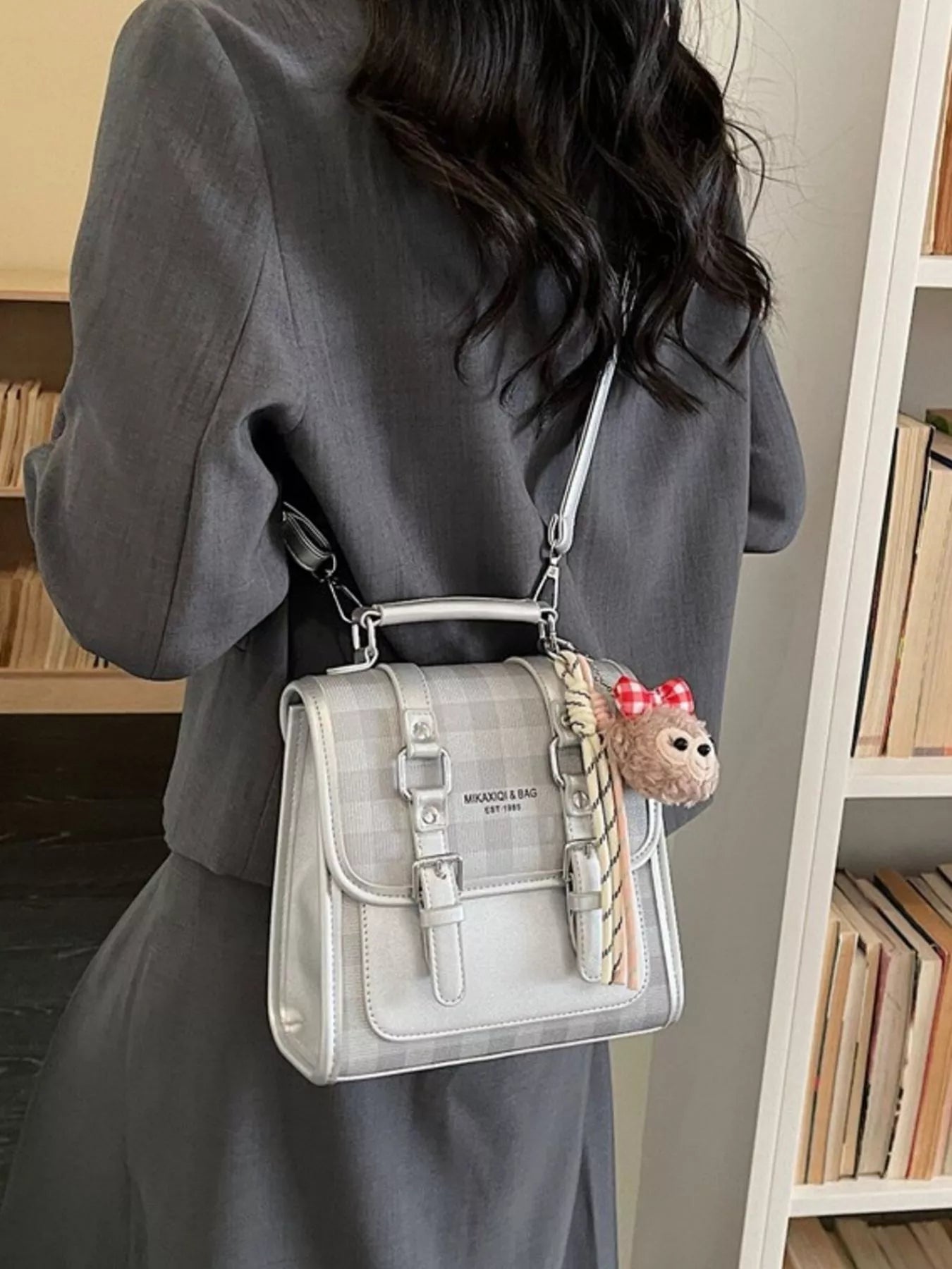 Plaid Backpack Bag with Charm