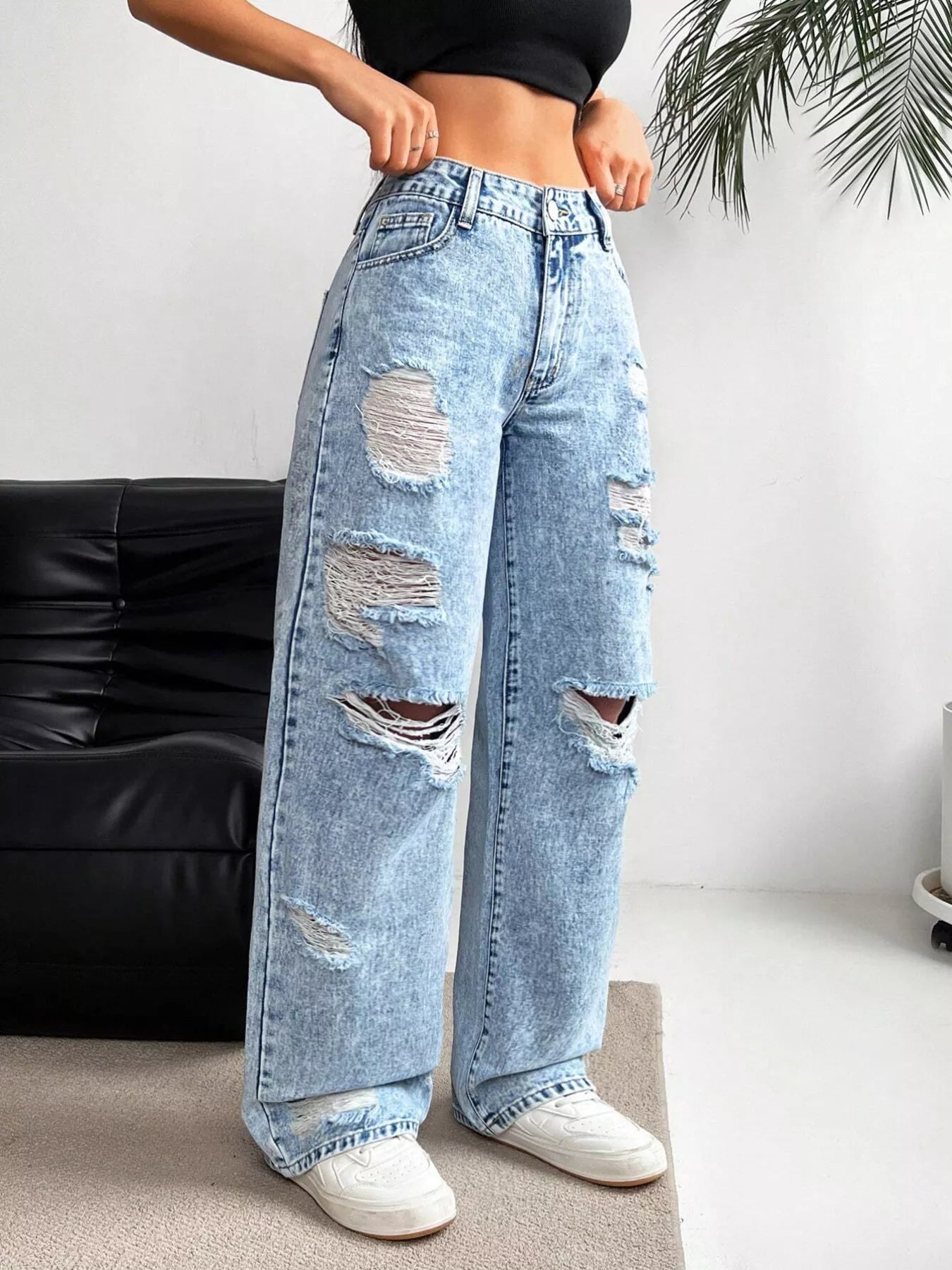 Distressed Wide-Leg Jeans