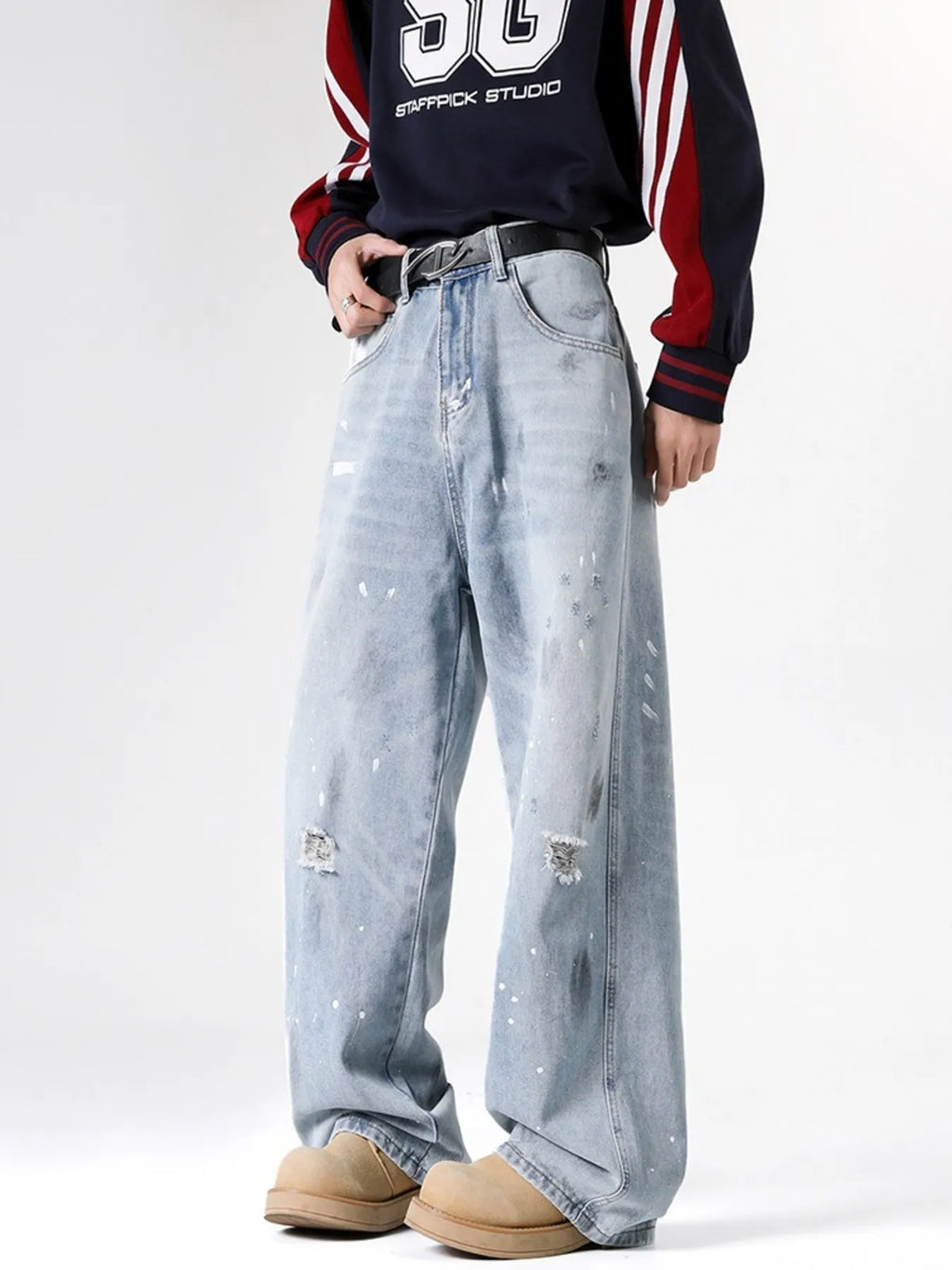 Men's Full Size Distressed Wide Leg Jeans Plus Size