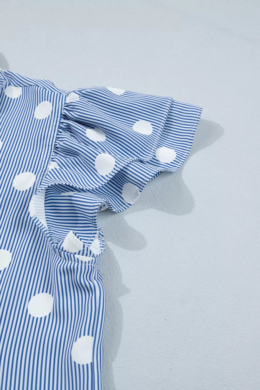 Stripe Contrast Polka Dot Print Pleated Ruffle Sleeve Shirt