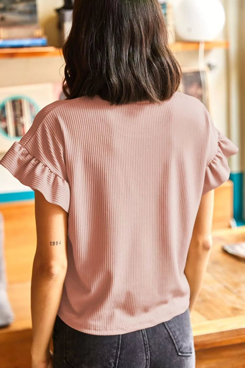 Solid Color Ribbed Ruffled Short Sleeve T Shirt
