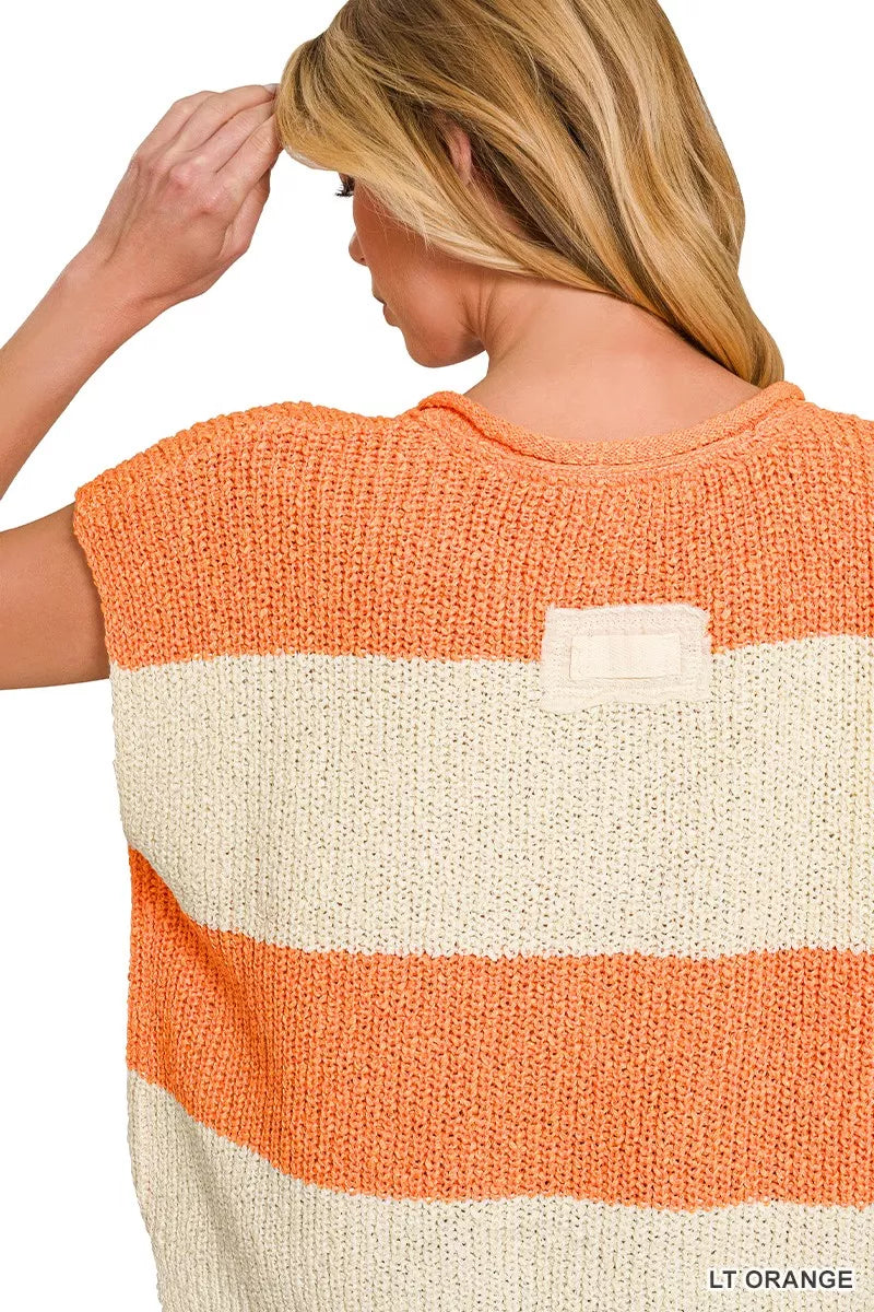 Zenana Split Neck Sleeveless Stripe Sweater