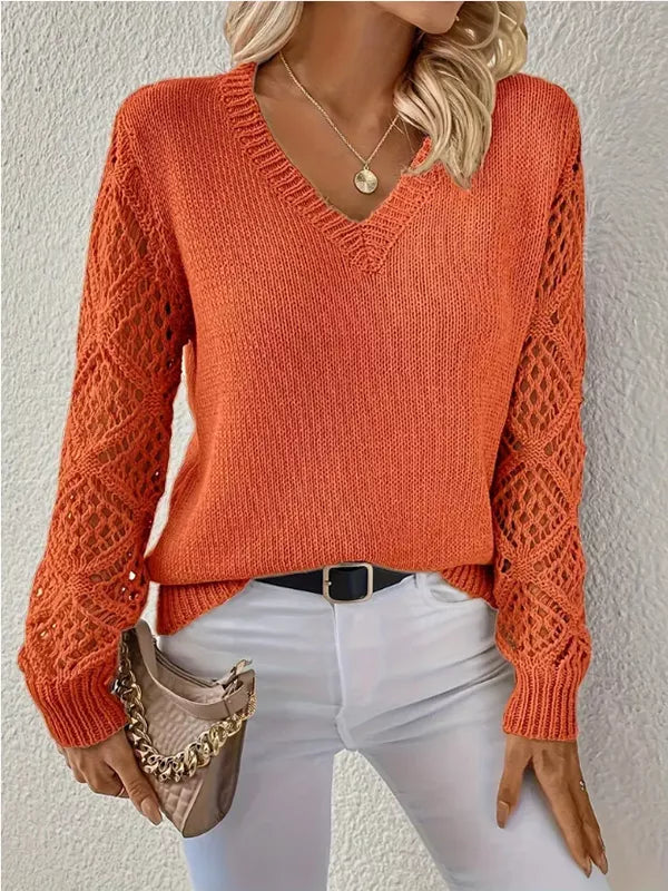 Openwork V-Neck Long Sleeve Sweater