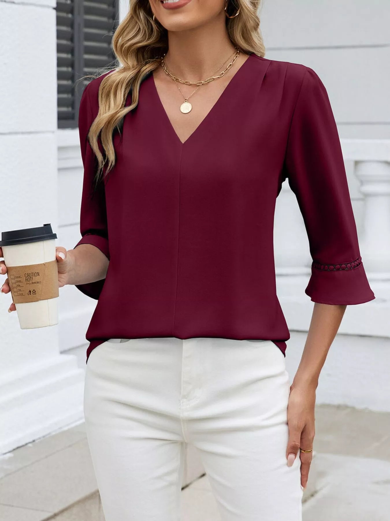 V-Neck 3/4 Sleeve Blouse