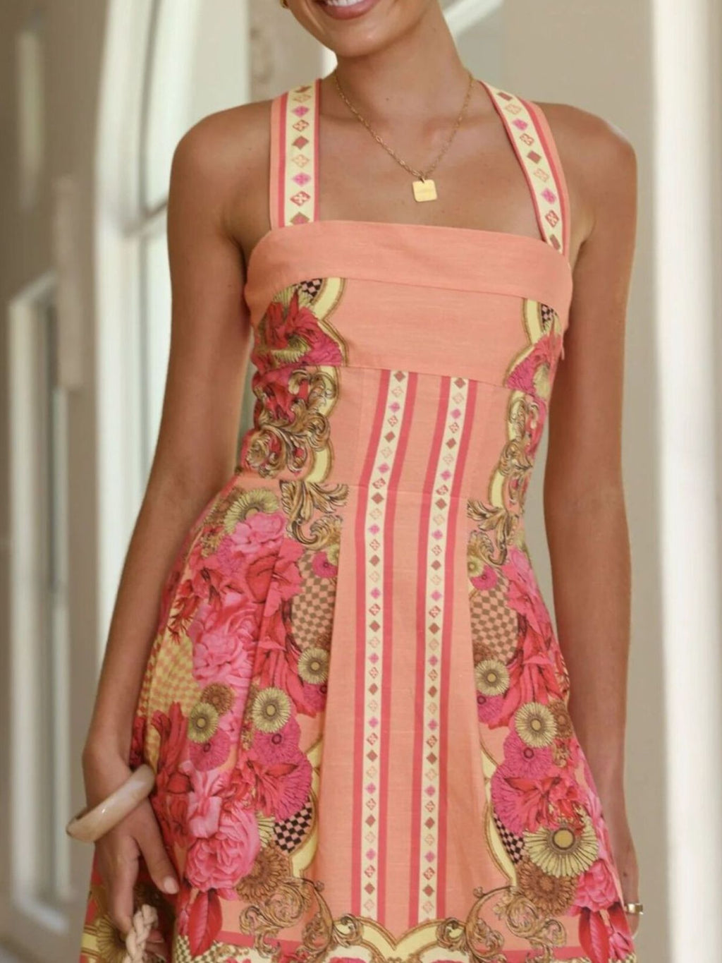Printed Back Smocked Sleeveless Mini Dress