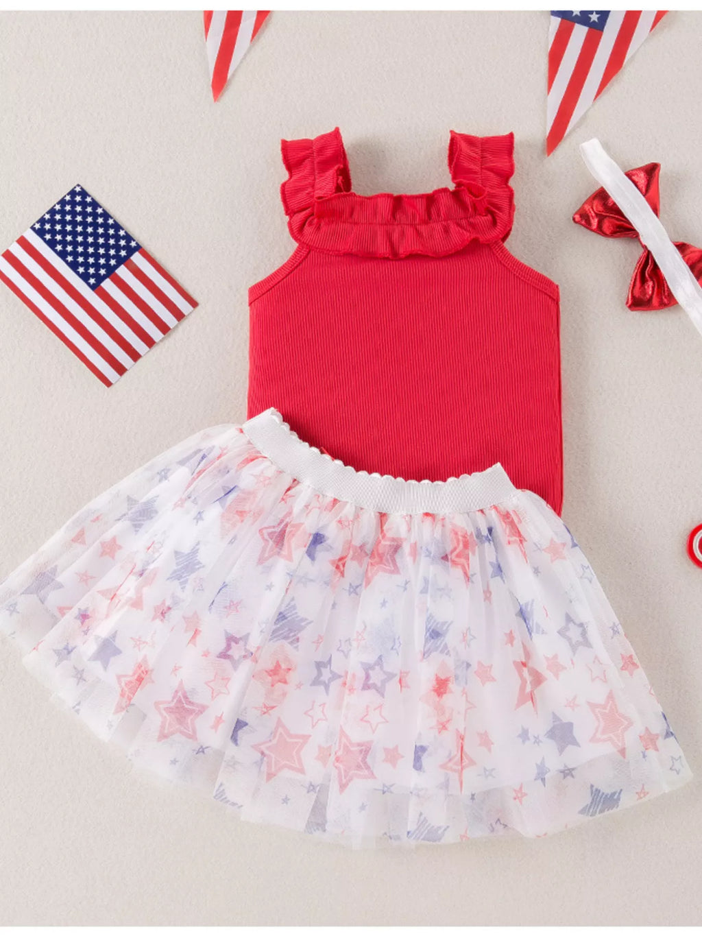 Children's Patriotic Star Print Tank and Tulle Skirt Set