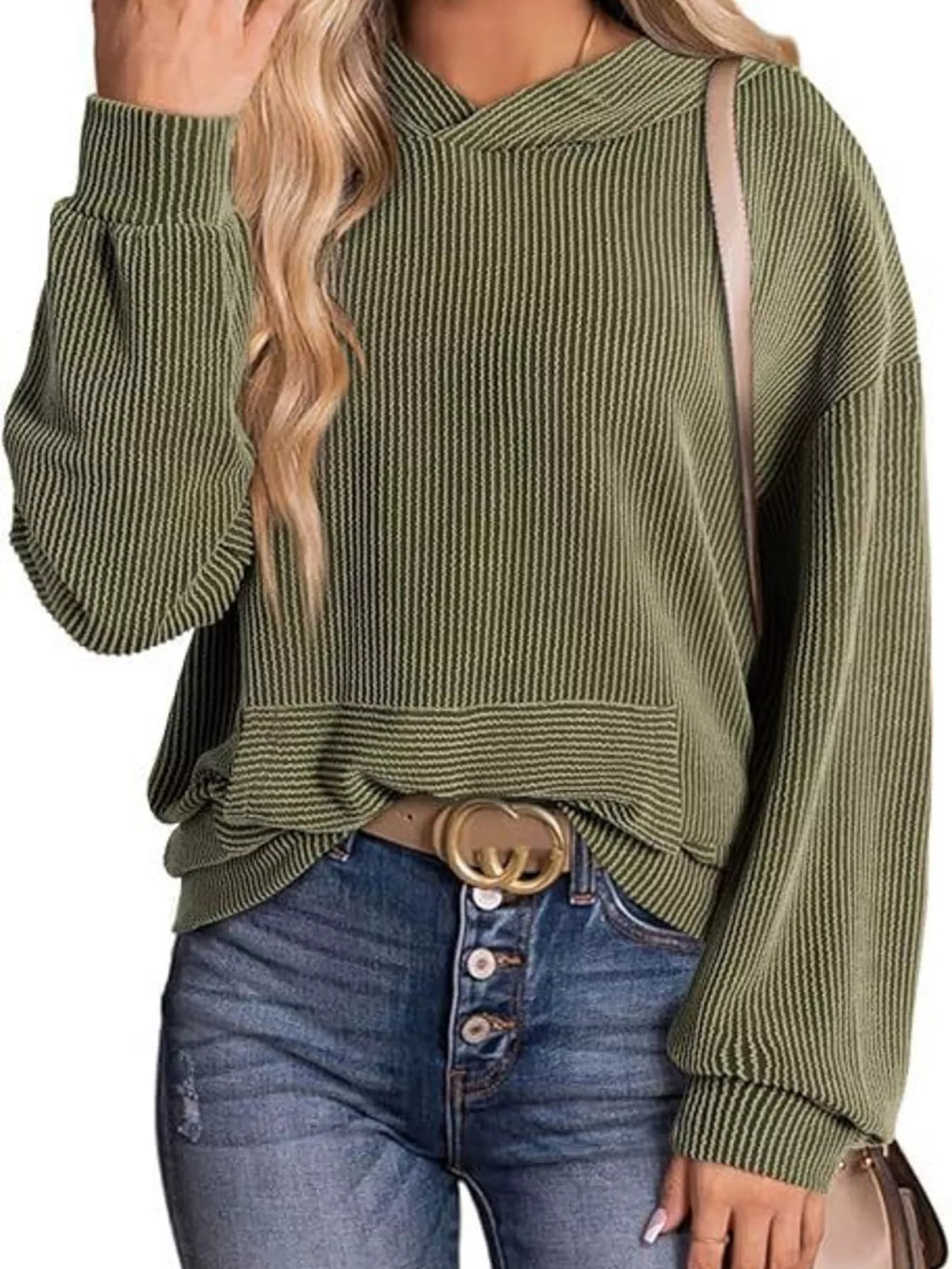 Ribbed Oversized Hoodie Sweatshirt with Pocket