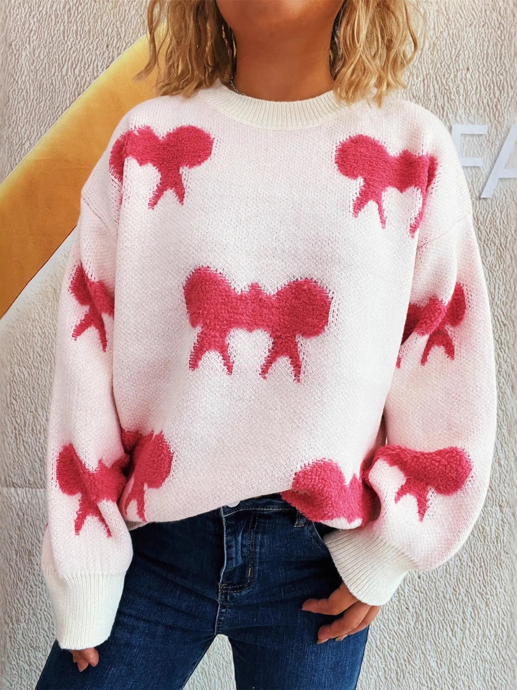 Bow Pattern Round Neck Sweater