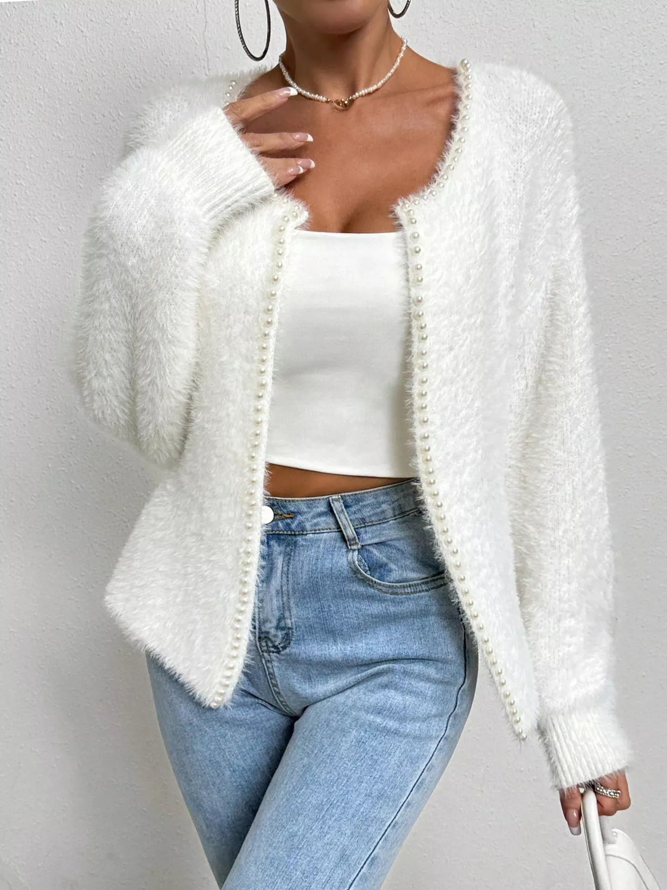 Pearl Trim Fuzzy Knit Cardigan