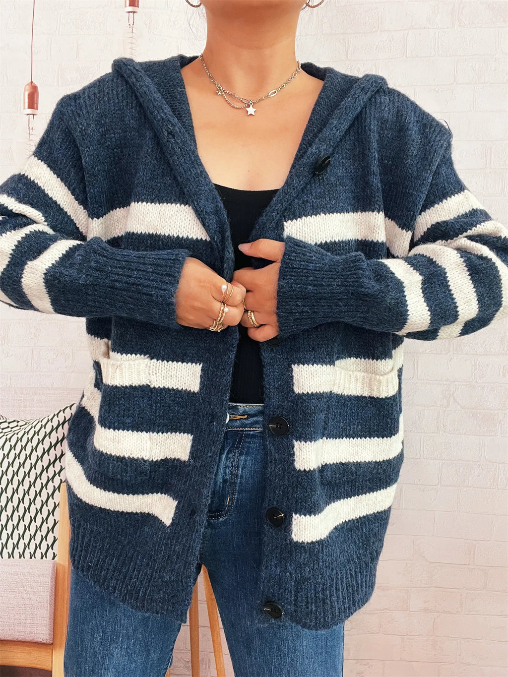 Striped Button-Up Hooded Cardigan