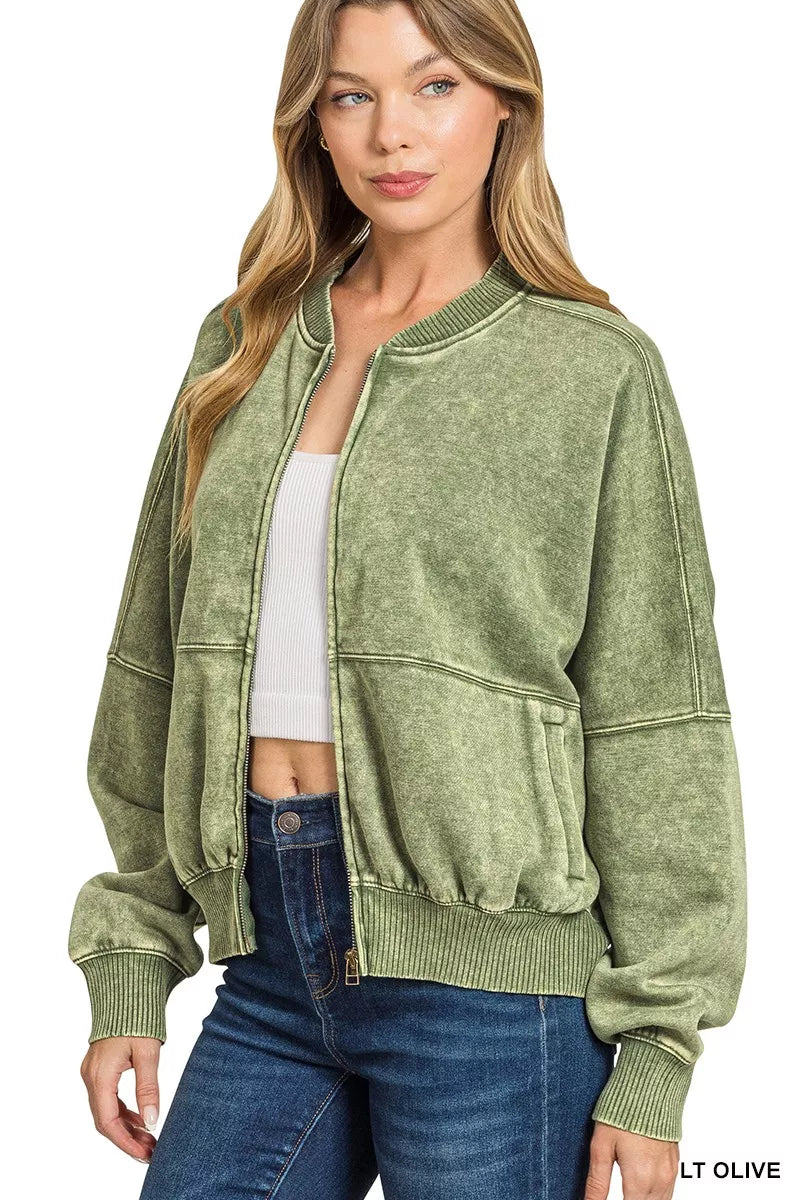 Zenana Acid Washed Fleece Jacket