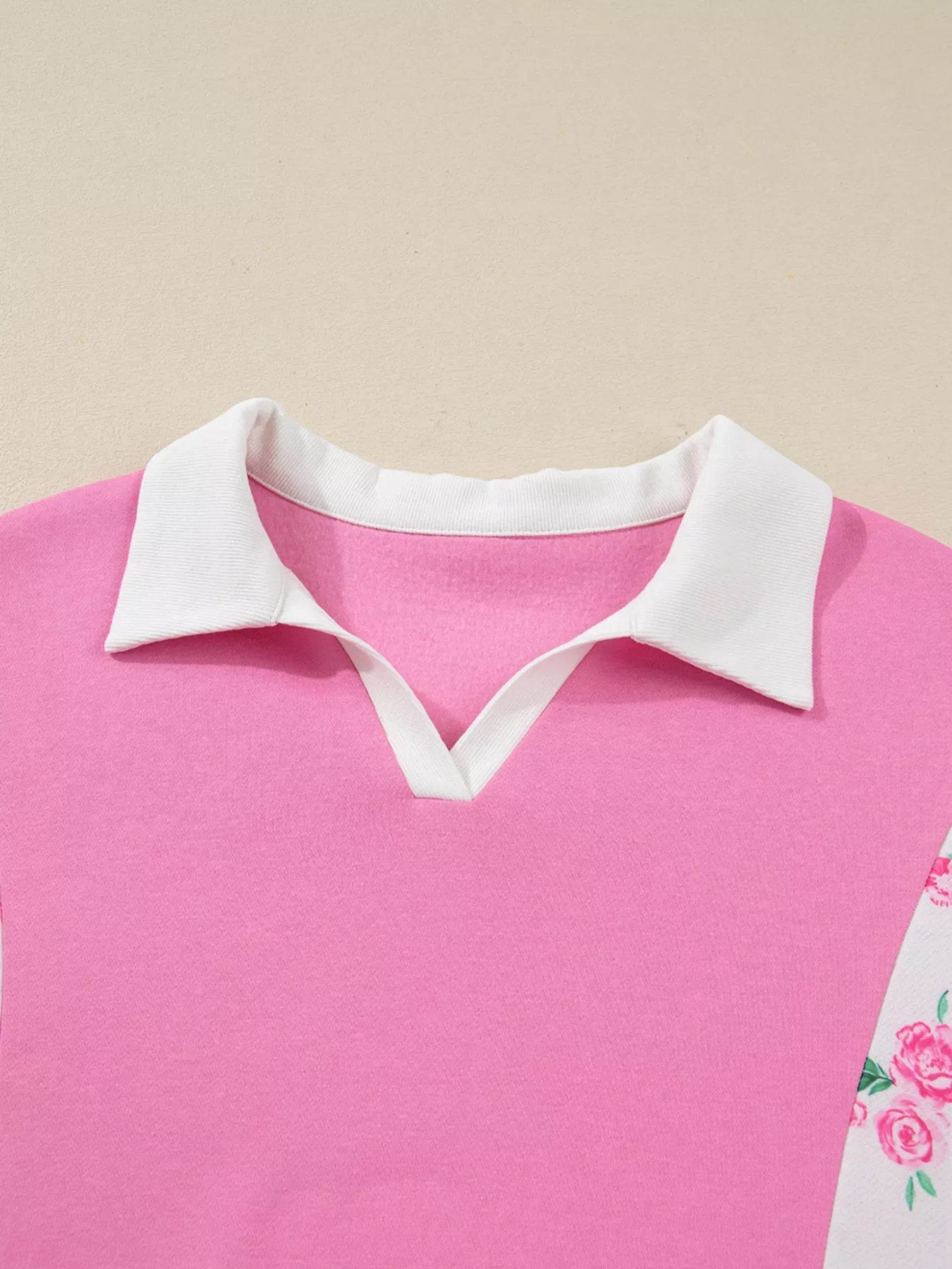 Plus Size Contrast Polo Collar Floral Patchwork Elastic Cuffs Long Sleeve Top