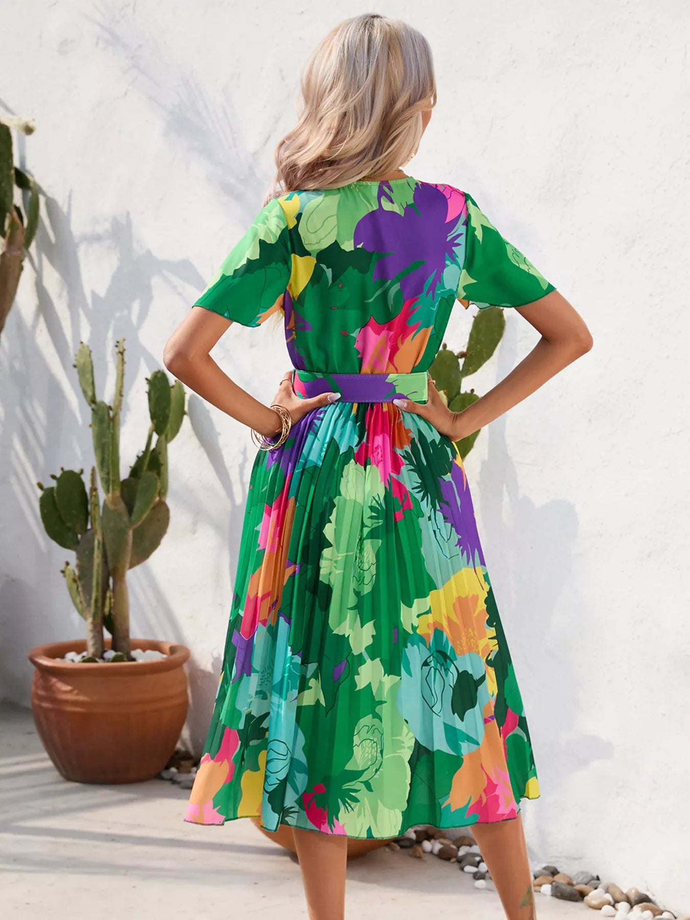 Pleated Tropical Print Belted Midi Dress