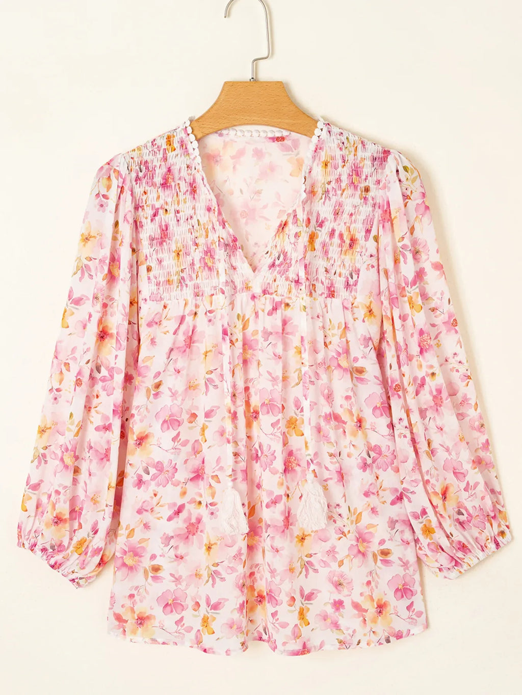Floral Print Tassel Tie Smocked Puff Sleeve Blouse