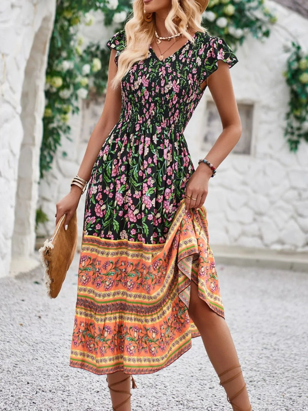 Printed Round Neck Cap Sleeve Dress