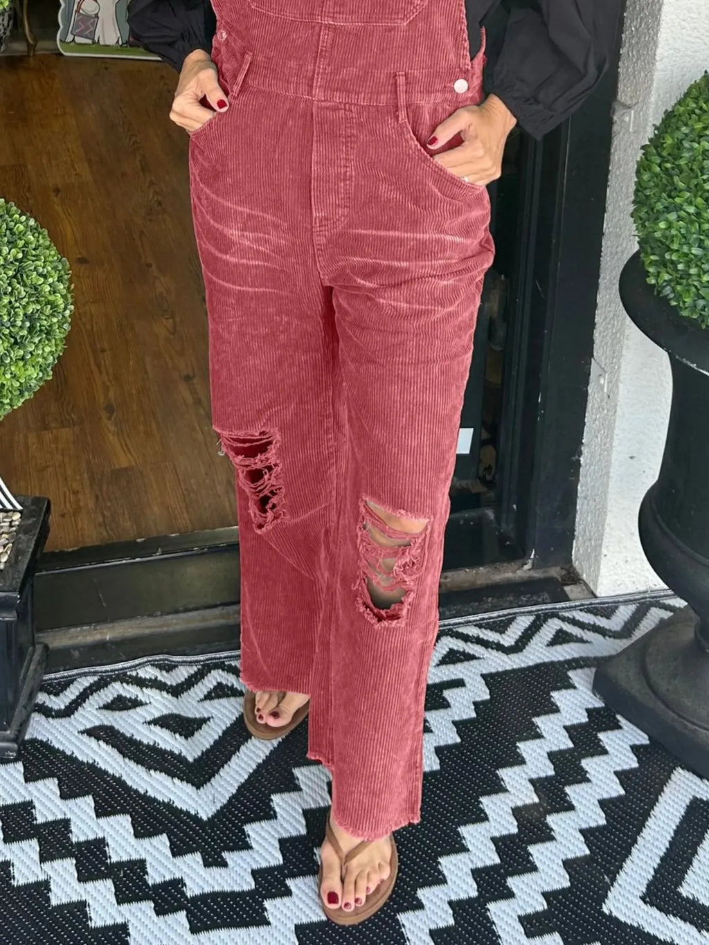 Distressed Wide Leg Corduroy Overalls