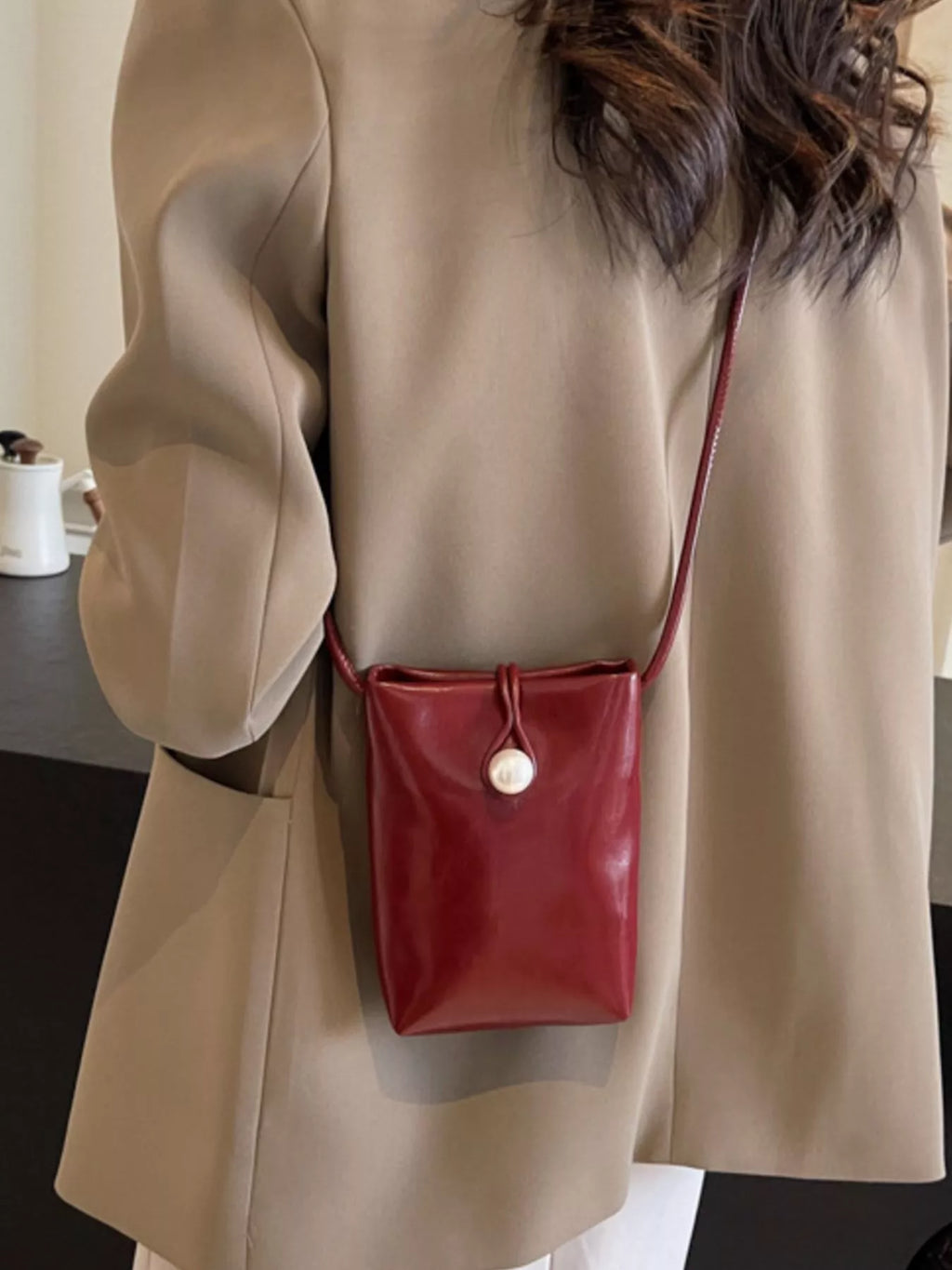Pearl Decor Faux Leather Crossbody Bag