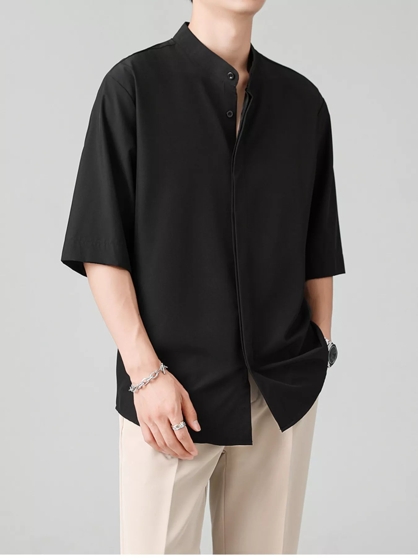 Men's Full Size Casual Mandarin Collar Half Sleeve Shirt Plus Size