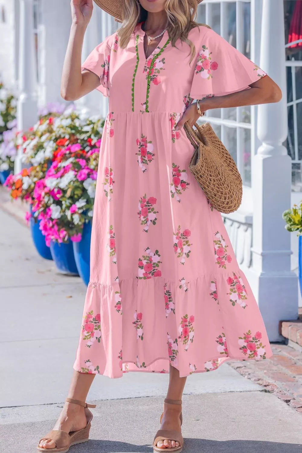 Notched Neck Flutter Short Sleeve Floral Print Dress