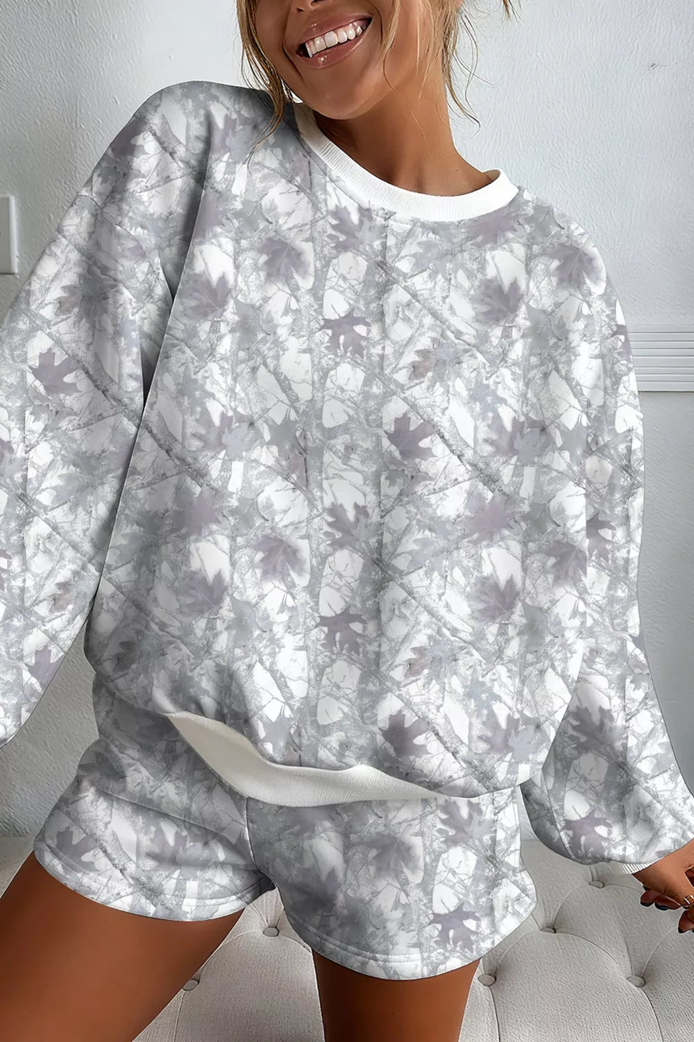 Abstract Woodland Camo Print Baggy Pullover Drawstring Shorts Set