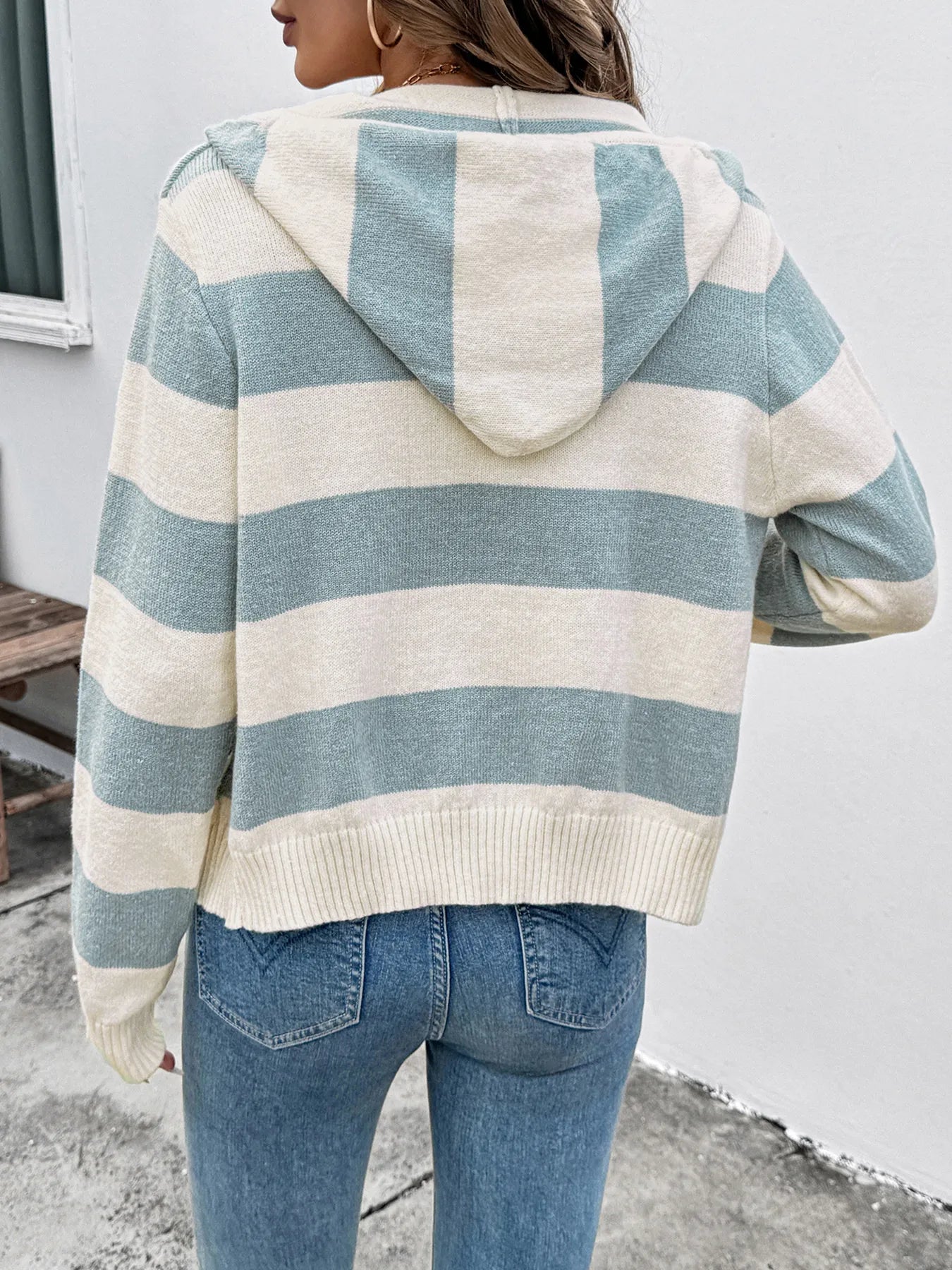 Drawstring Zip Up Striped Cardigan