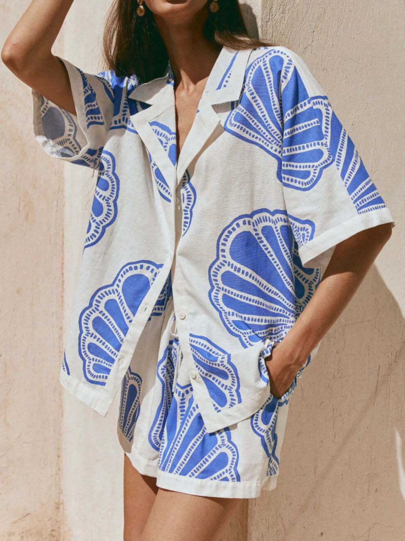 Printed Button Up Shirt and Shorts Set
