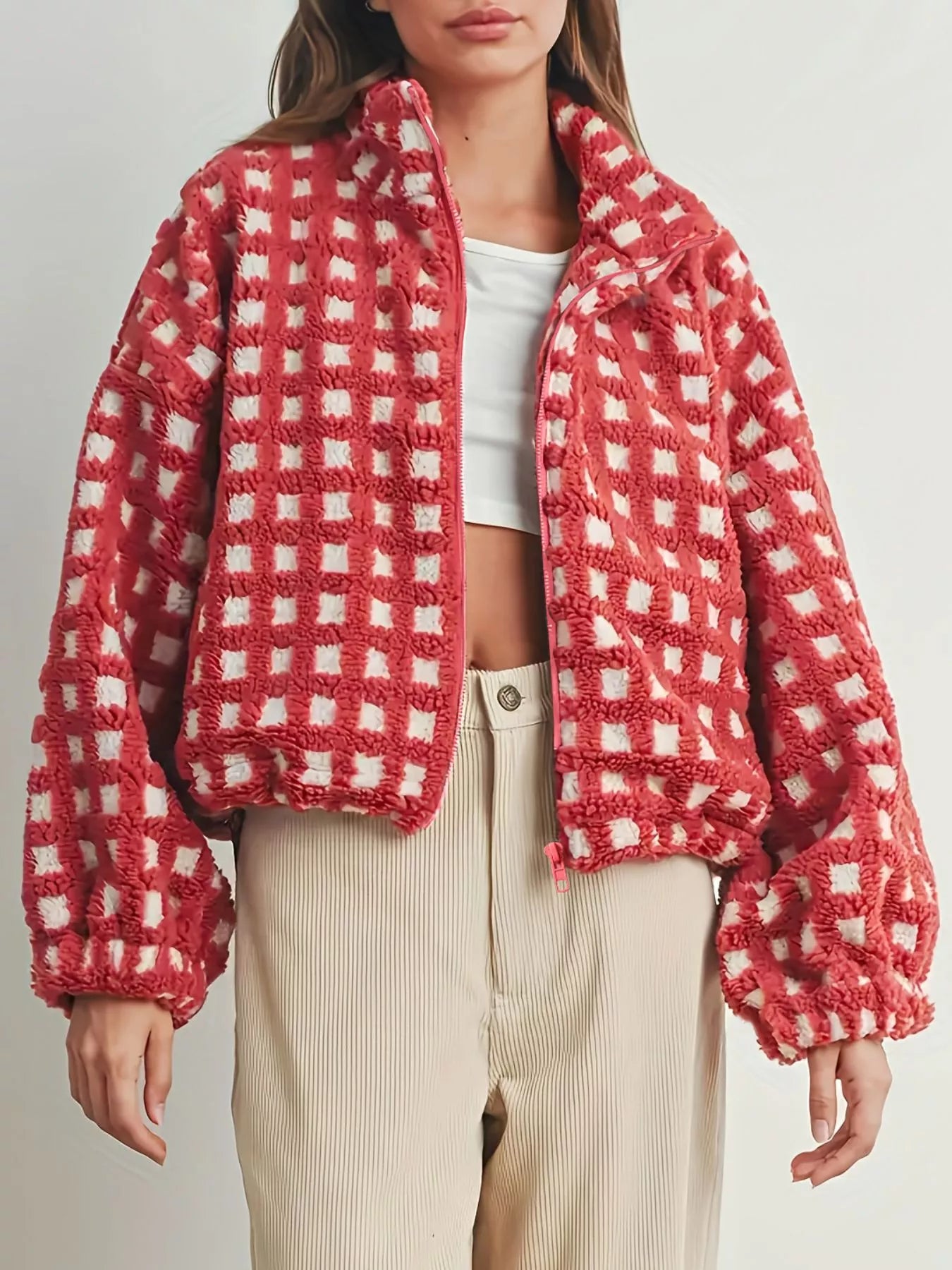 Plaid Zip Up Sherpa Jacket