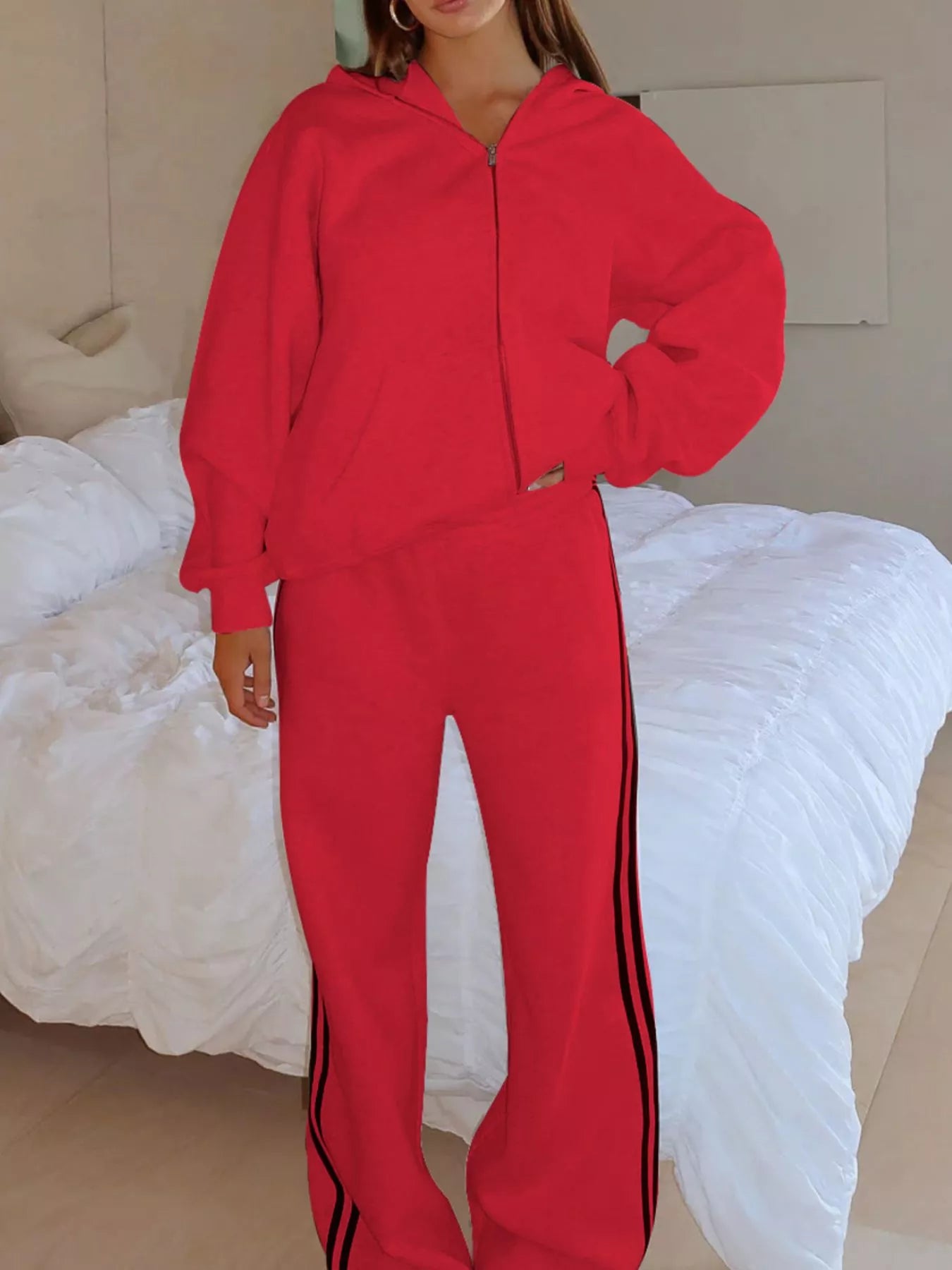Zip Up Hoodie and Striped Pants Set