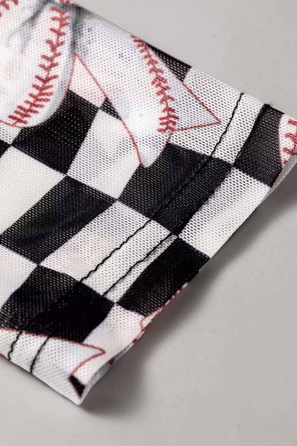 Checkered Baseball Bow Print High Neck Long Sleeve Mesh Top