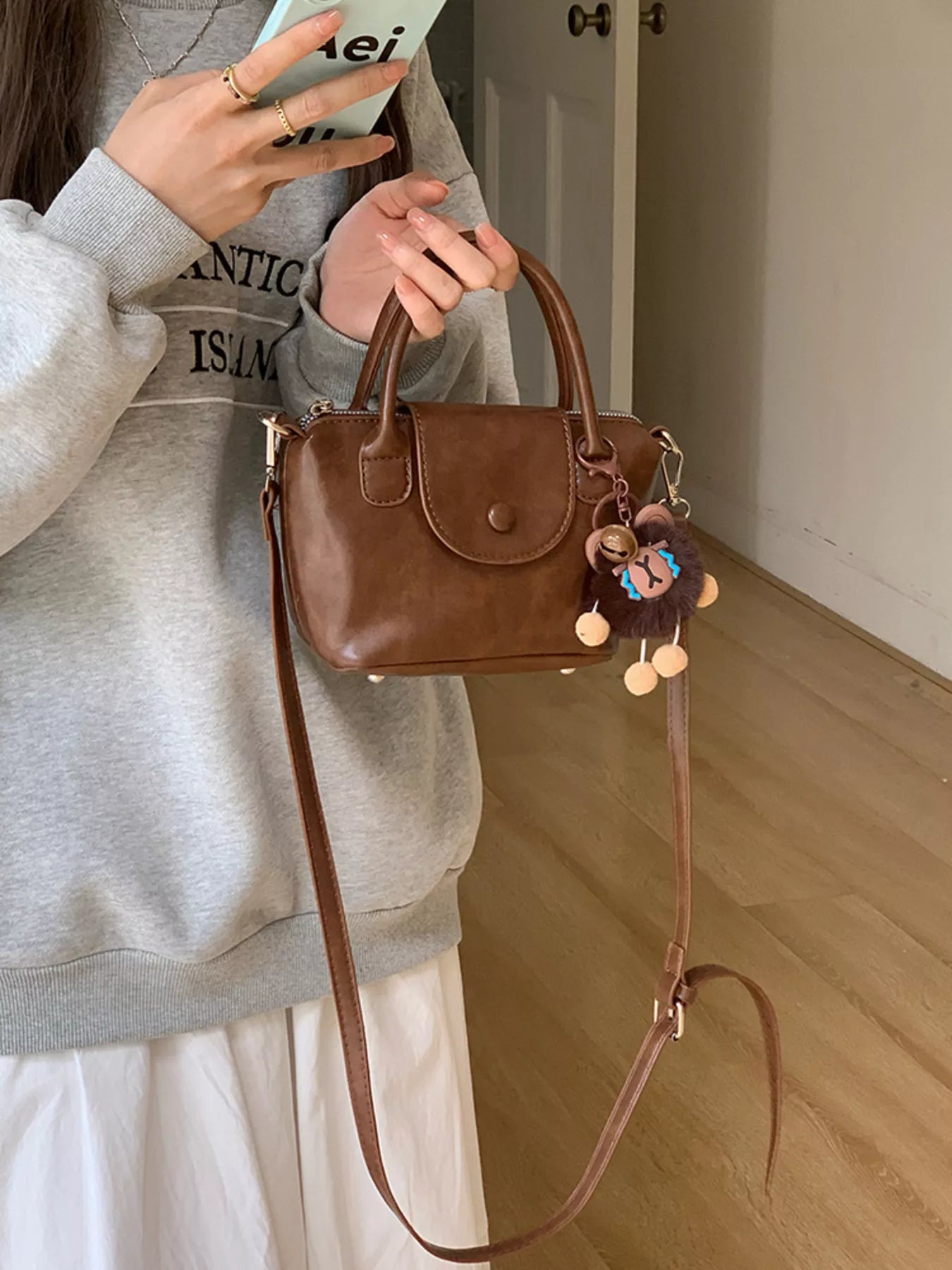 Two-Tone Flap Decor Crossbody Bag with Charm