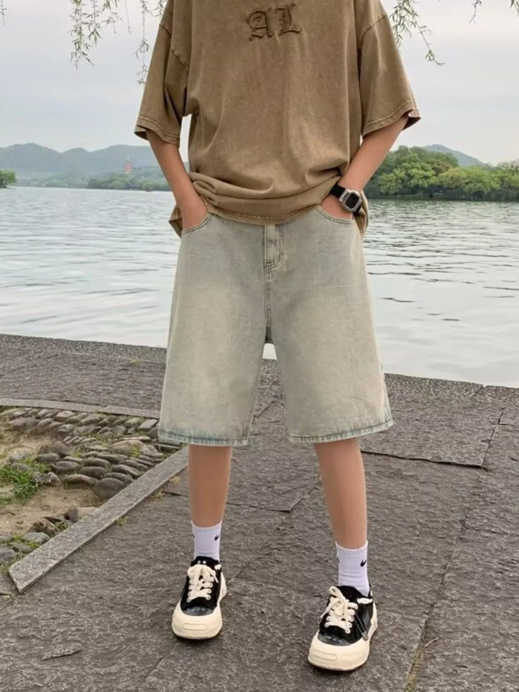 Men's Plus Size Relaxed Fit Wash Denim Shorts