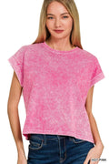 Zenana Halo Washed Cotton Cuffed Short Sleeve Top