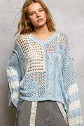 POL Color-Blocked Stripe Pattern Knit Top with Twisted Weave