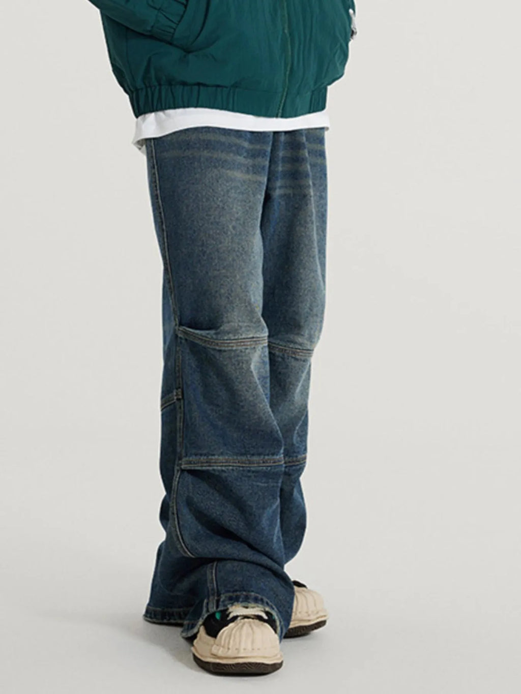 Men's Vintage Wide Leg Utility Jeans with Multi-Panel Design