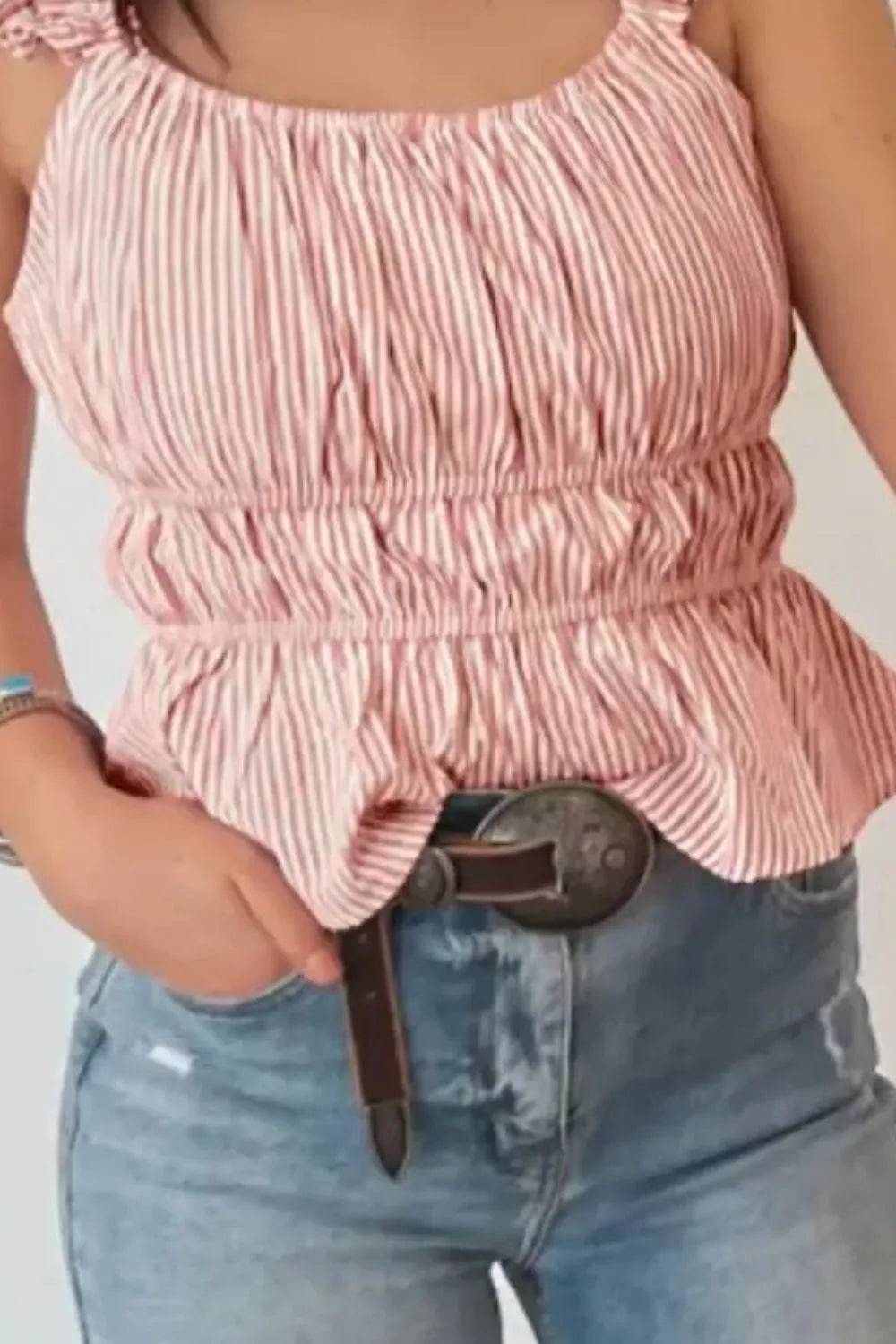 Striped Ruffle Sleeve Smocked Blouse