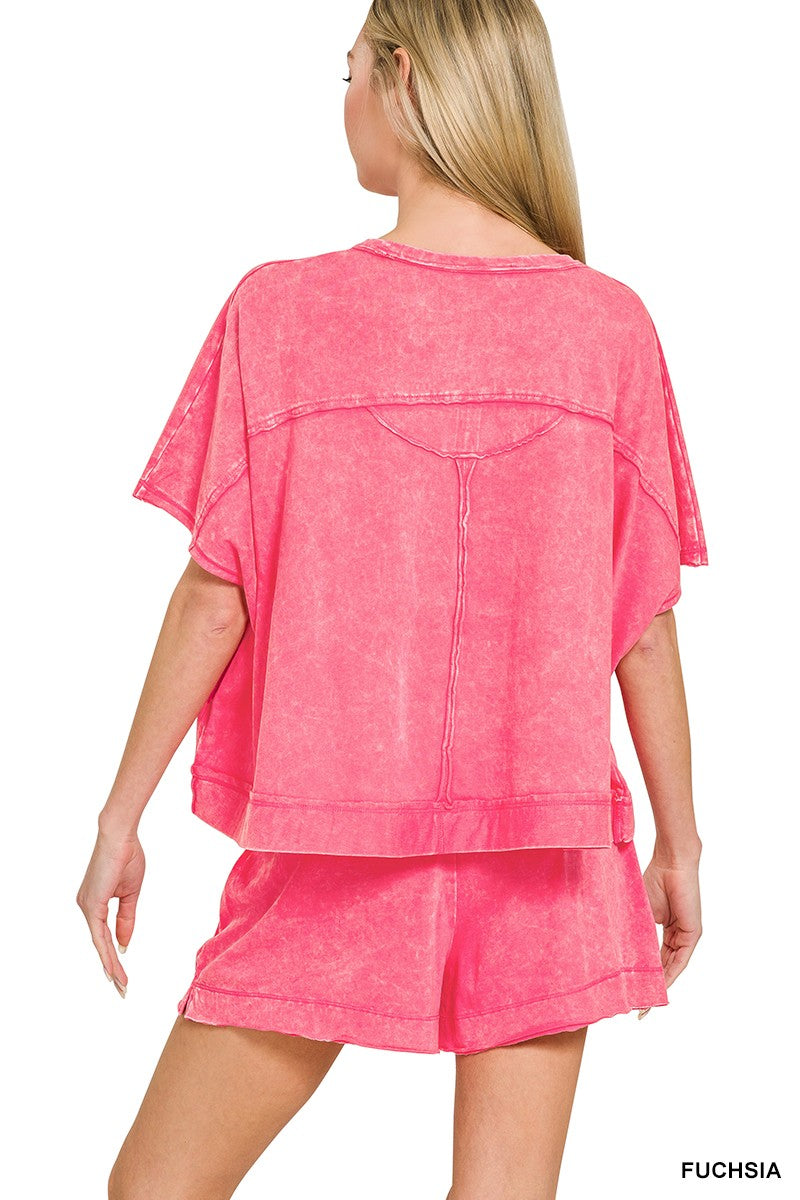 Zenana Acid Washed Oversized Top & Shorts Set