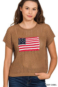 Zenana Viscose American Flag Openwork Knit Top