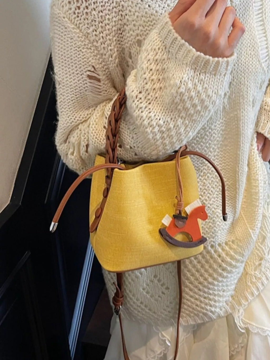 Braided Top Handle Bucket Crossbody Bag