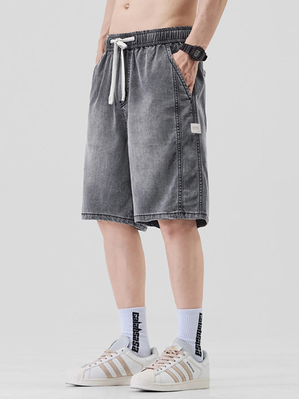 Men's Plus Size Casual Loose Fit Denim Shorts with Drawstring