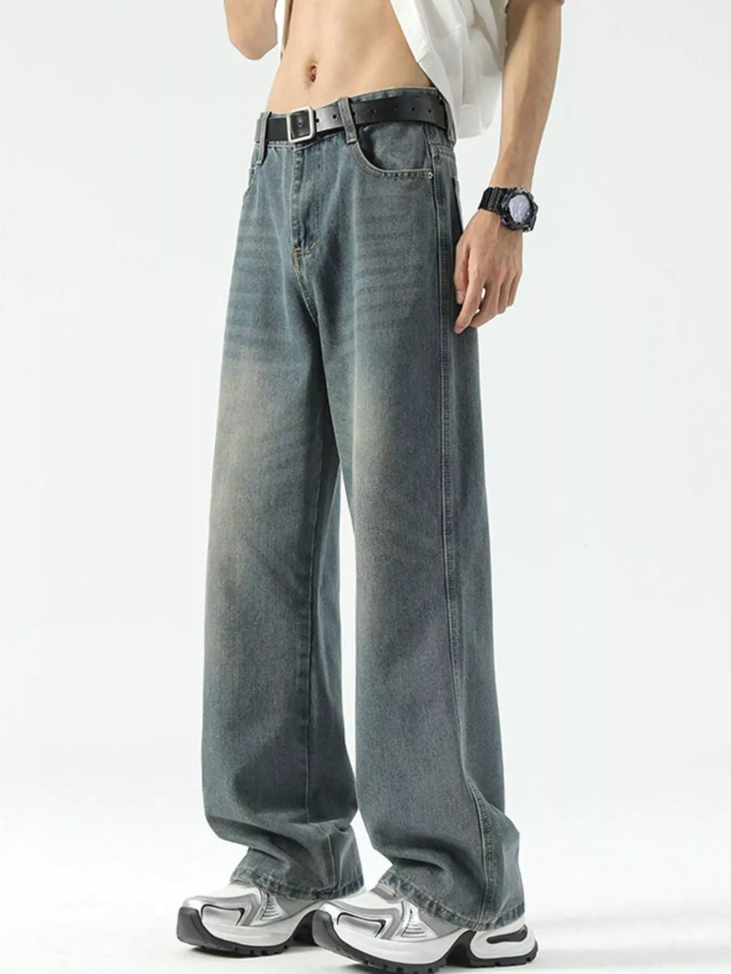 Men's Full Size Vintage Wash Wide Leg Jeans Plus Size