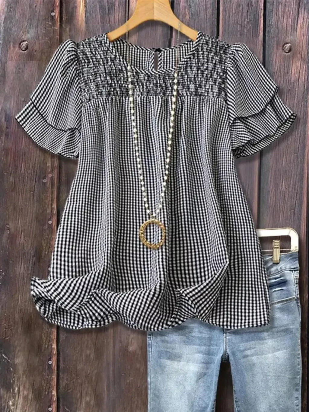 Full Size Gingham Smocked Ruffle Sleeve Blouse Plus Size