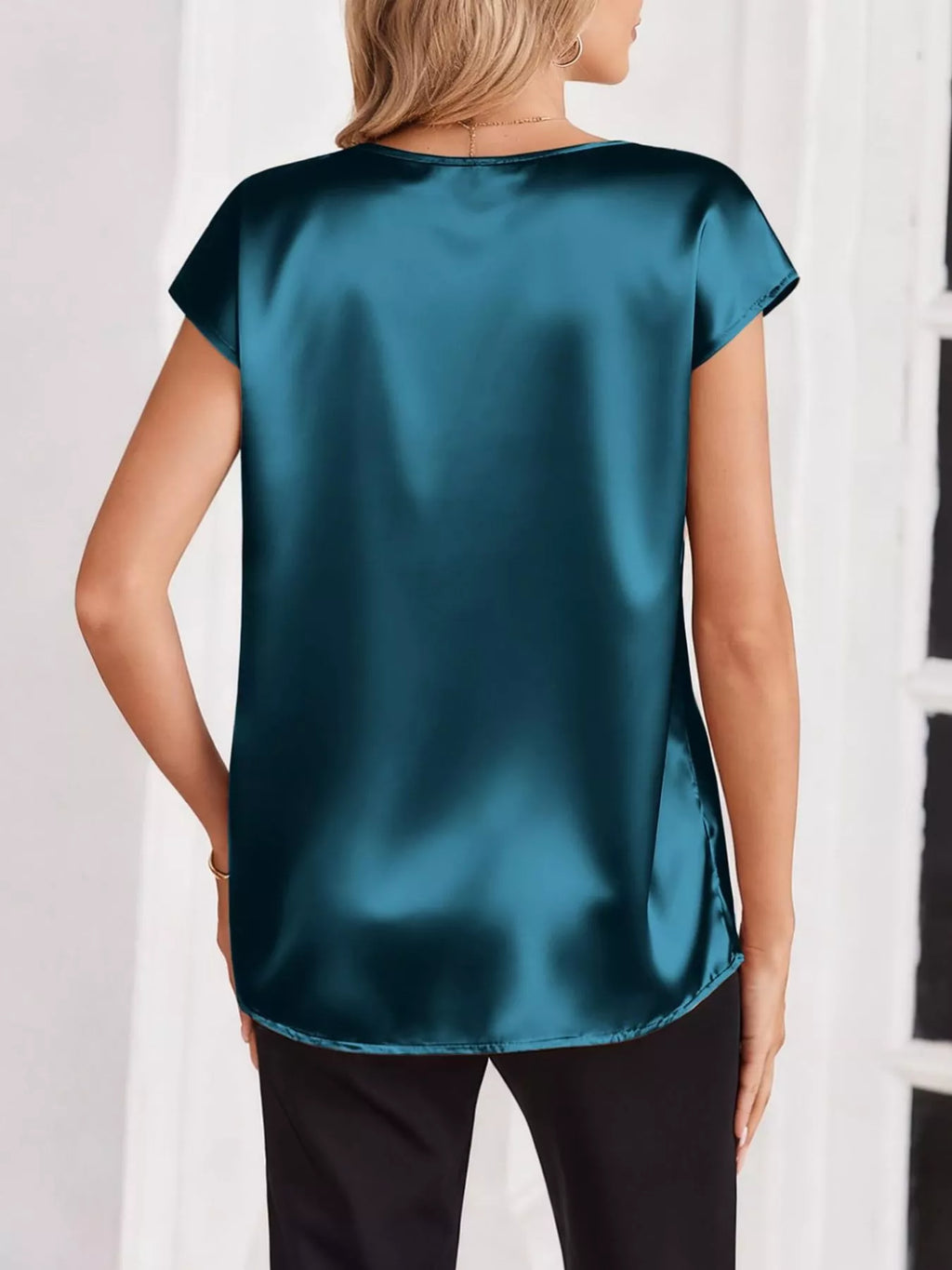 Satin V-Neck Cap Sleeve Blouse