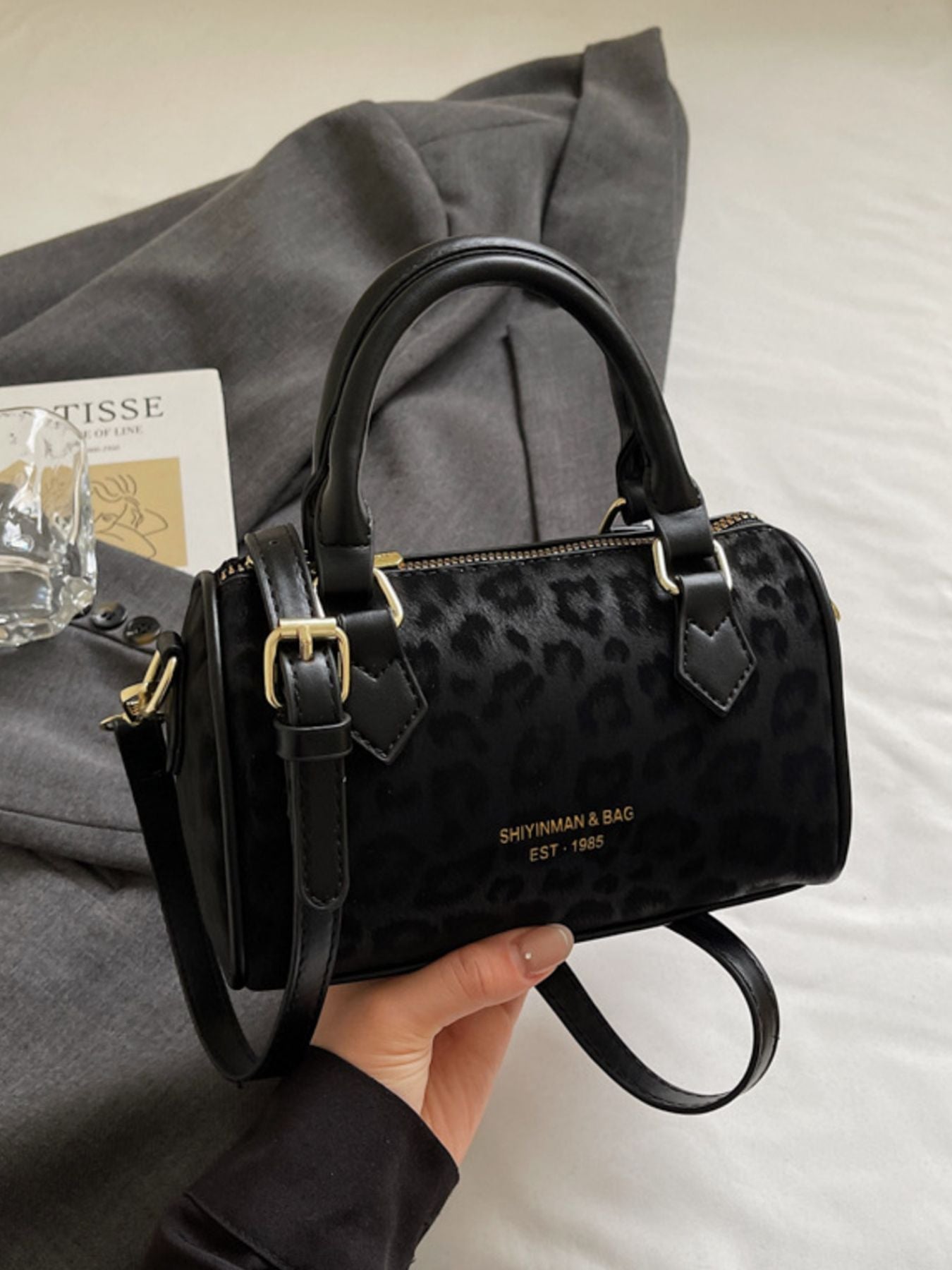 Leopard Print Barrel Crossbody Bag