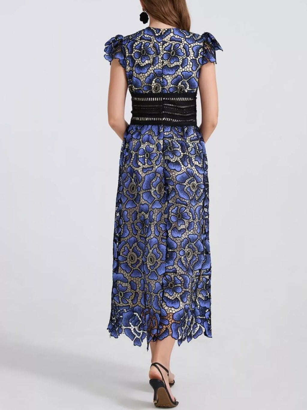 Printed V-Neck Ruffle Sleeve Midi Dress