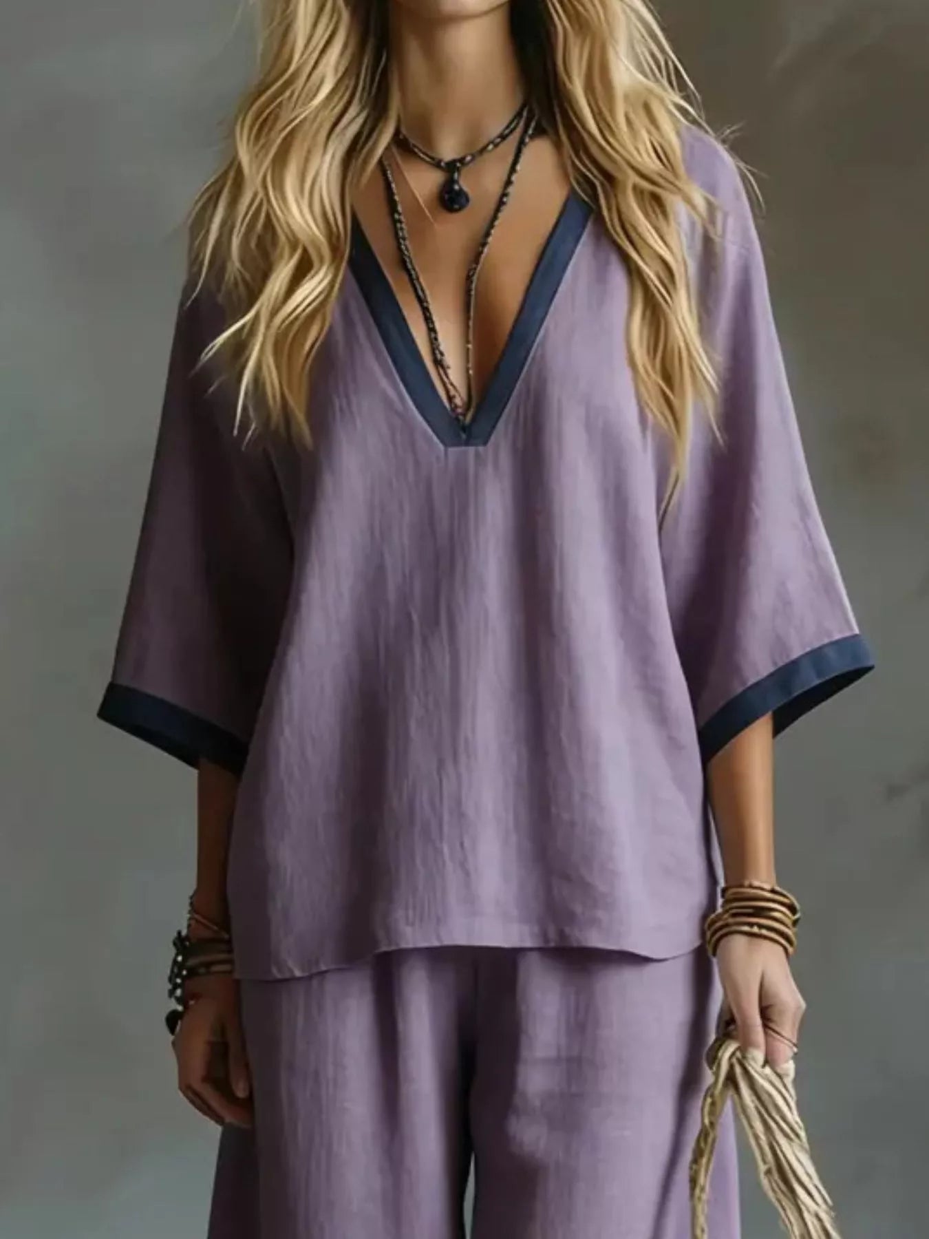 Contrast Trim V-Neck Top and Pants Set