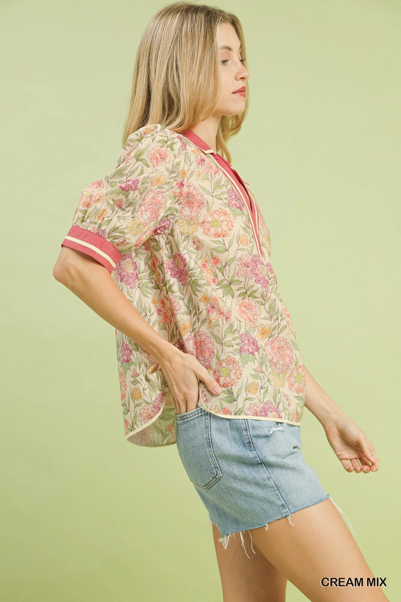 Umgee Mix Floral Puff Sleeve Blouse with Contrast Trim